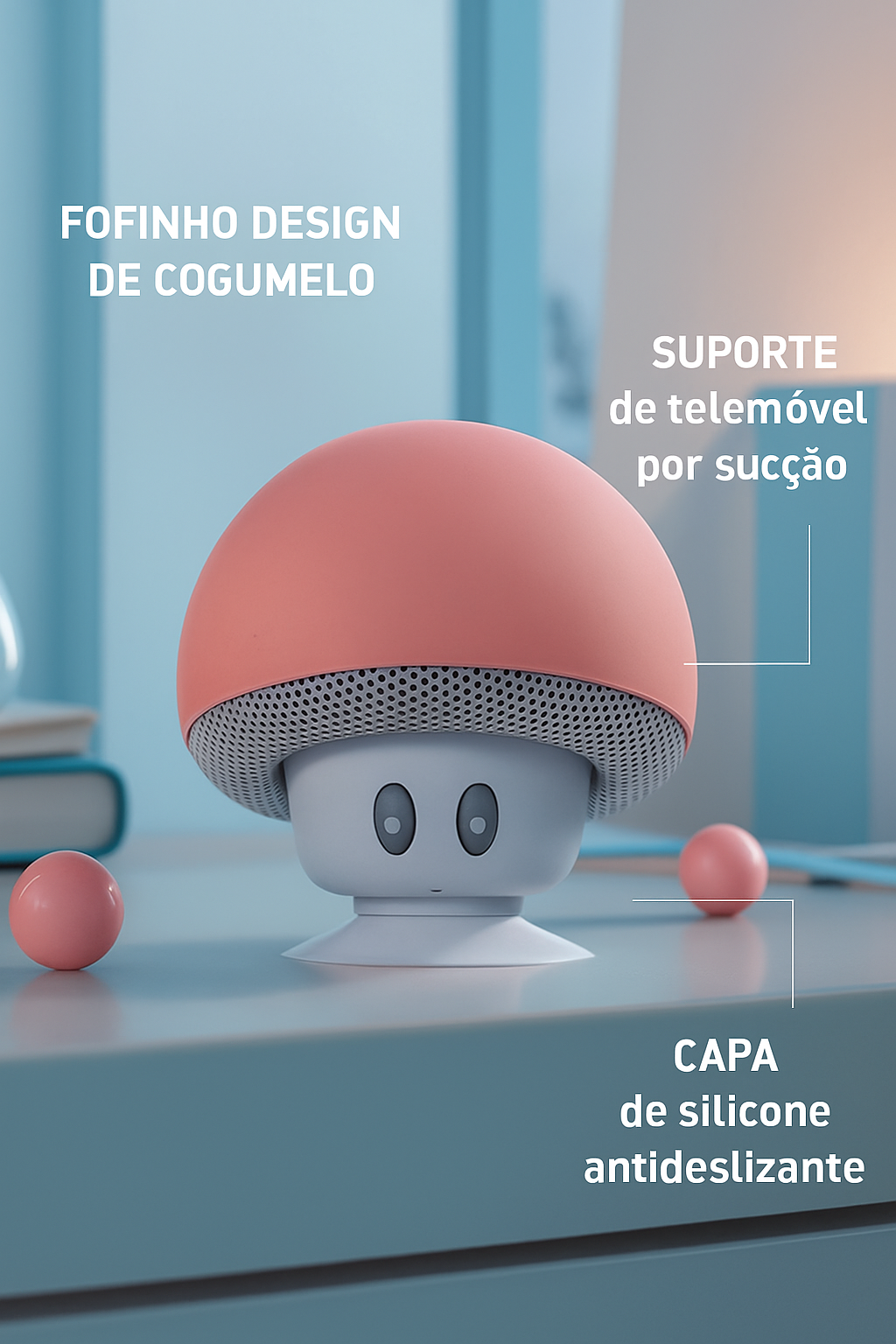 Caixinha Cogumelo Bluetooth – Mini Alto-Falante com Ventosa Infantil